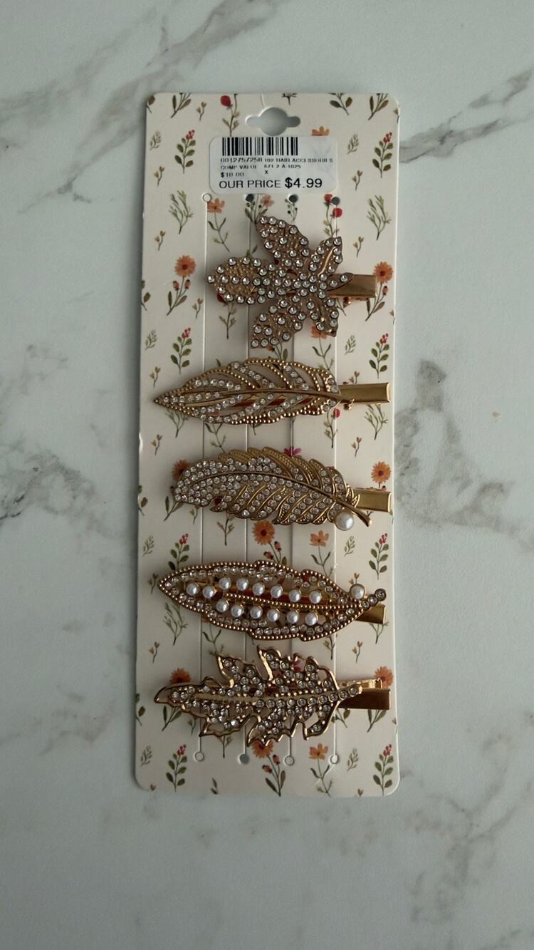 5 Pack Gold Rhinestone & Pearl Leaf Alligator Hair Clips Set